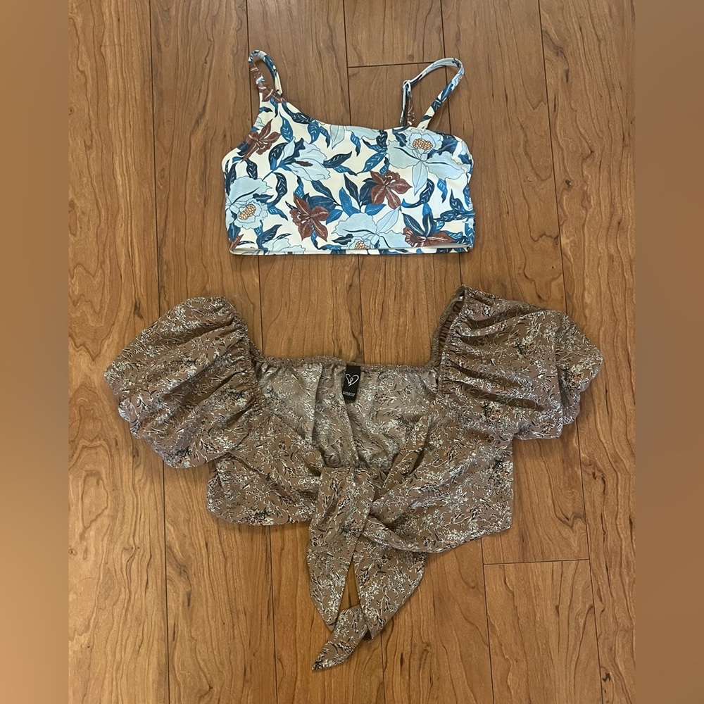NWOT Windsor Tie Front Crop Top Size Small Brown + Old Navy Bikini Top Blue